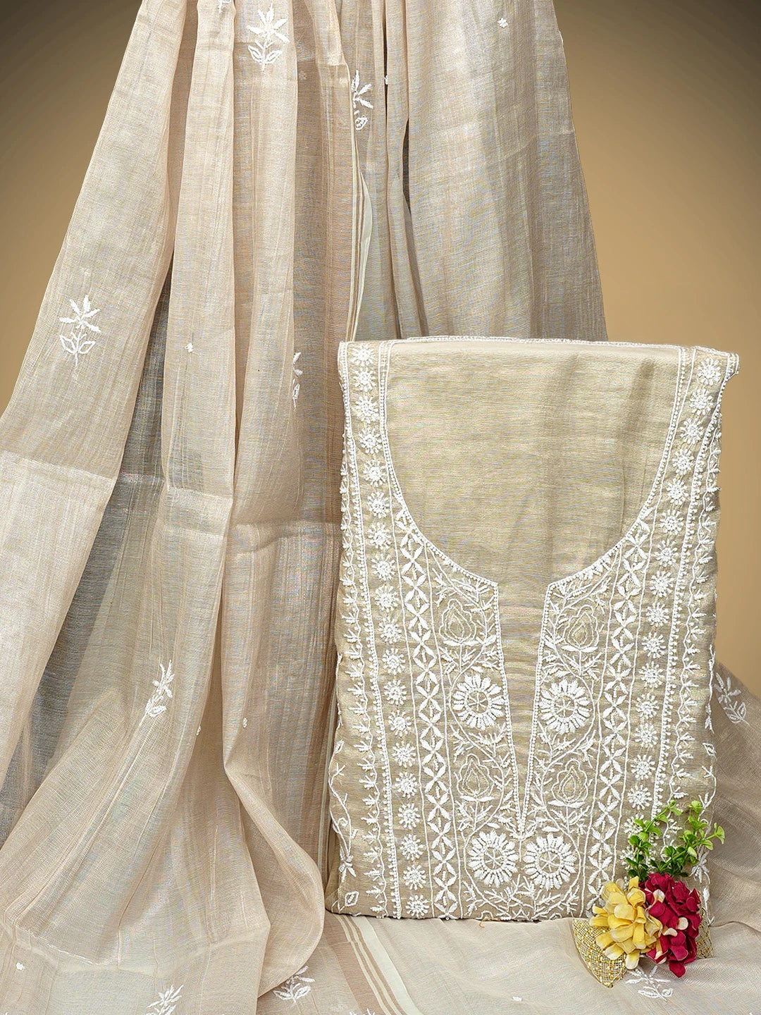 Ada Hand Embroidered Fawn Tissue Lucknowi Chikankari Unstitched Kurta Dupatta Set With Pearl Work 01A968200