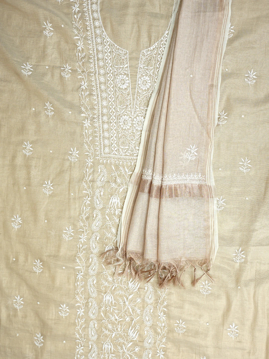 Ada Hand Embroidered Fawn Tissue Lucknowi Chikankari Unstitched Kurta Dupatta Set With Pearl Work 01A968200