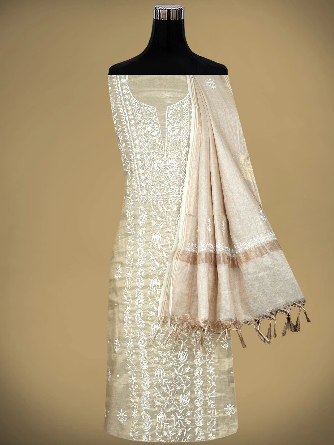 Ada Hand Embroidered Fawn Tissue Lucknowi Chikankari Unstitched Kurta Dupatta Set With Pearl Work 01A968200