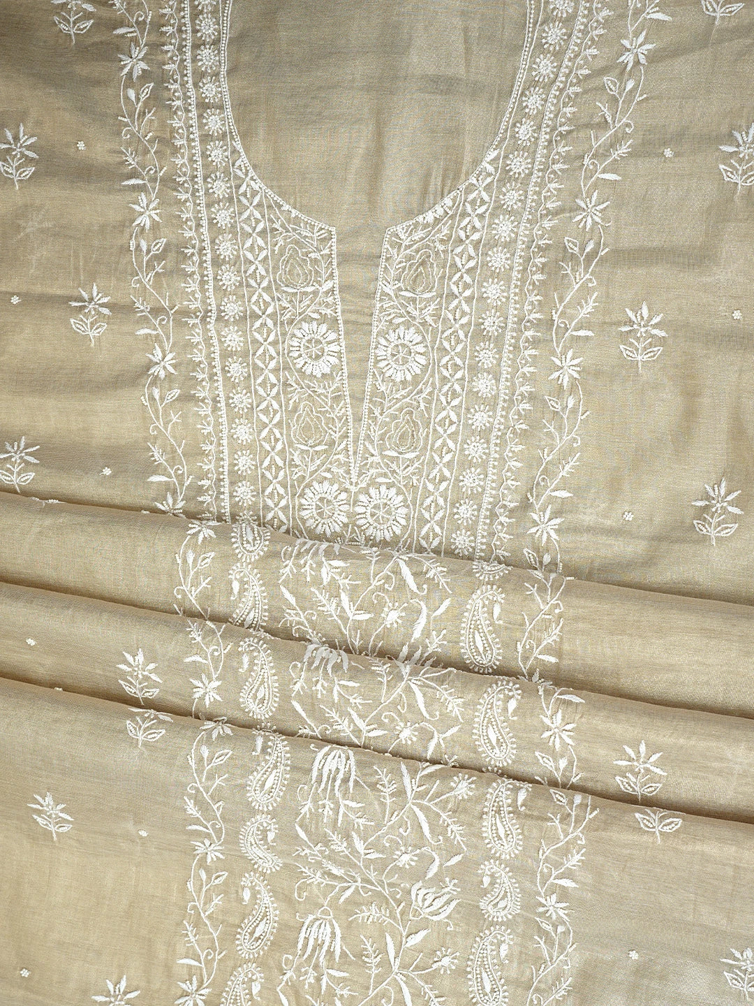 Ada Hand Embroidered Fawn Tissue Lucknowi Chikankari Unstitched Kurta Dupatta Set With Pearl Work 01A968200