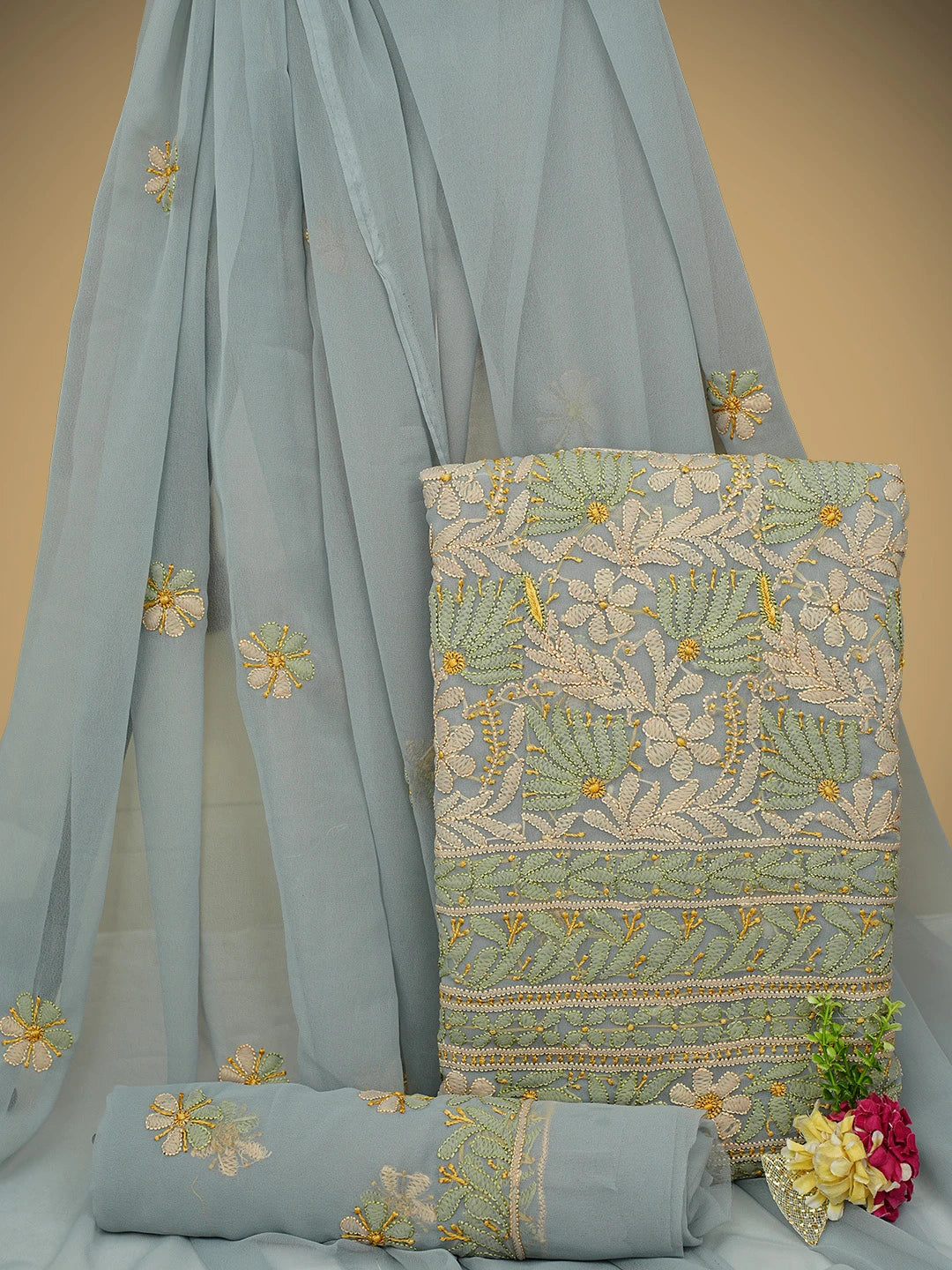 Ada Hand Embroidered Grey Georgette Lucknowi Chikankari Unstitched Suit Piece 01A969582