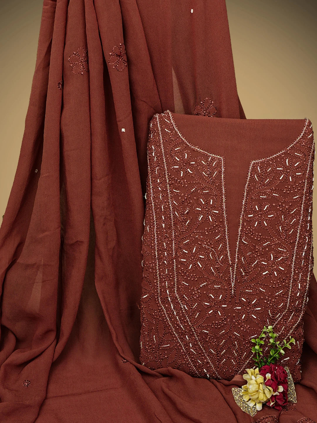 Ada Hand Embroidered Red Ochre Viscose Georgette Lucknowi Chikankari Unstitched Kurta Dupatta Set With Cutdana Work 01A933551