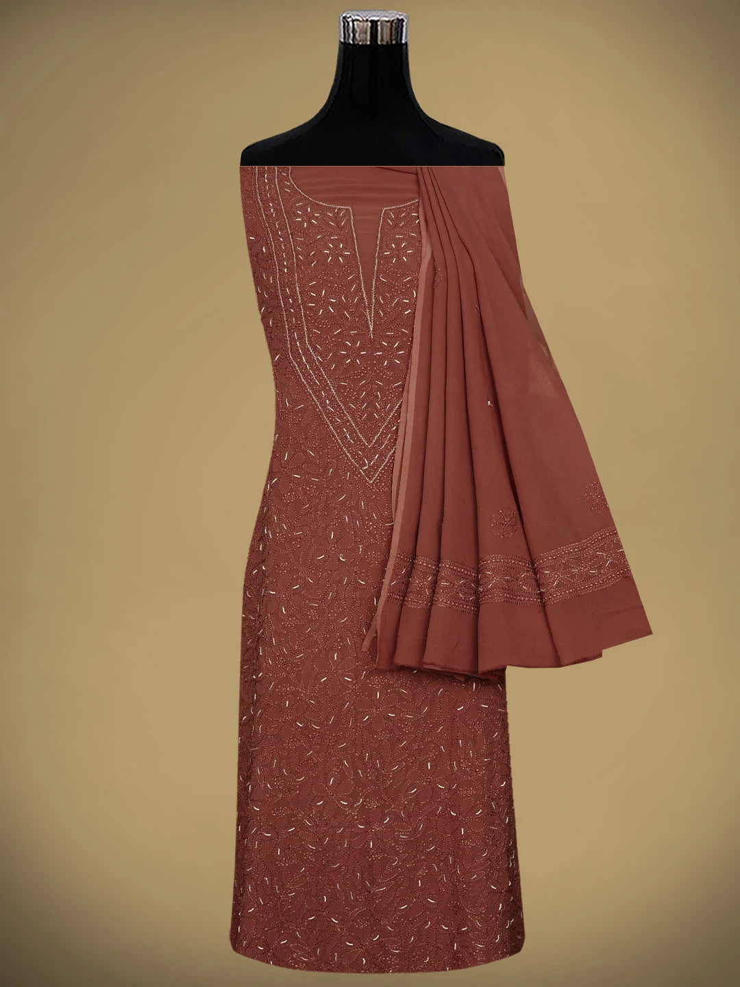 Ada Hand Embroidered Red Ochre Viscose Georgette Lucknowi Chikankari Unstitched Kurta Dupatta Set With Cutdana Work 01A933551