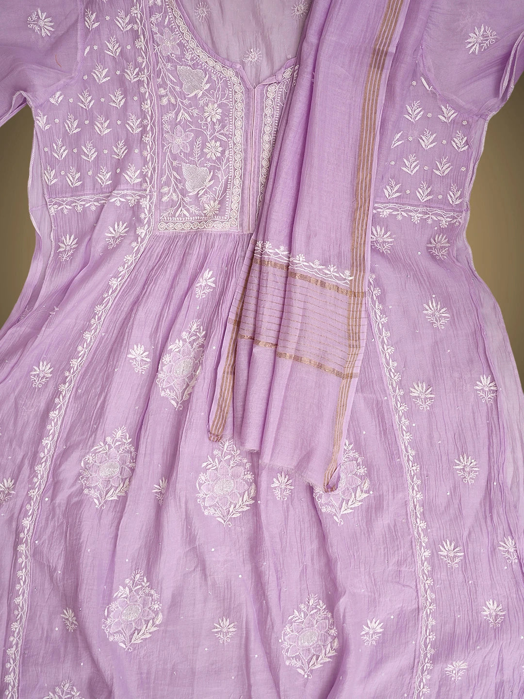 Ada Hand Embroidered Lavender Chanderi Semi-Stitched Lucknowi Chikankari A-Line Kurta Dupatta Set With Cutdana Work 01A954225