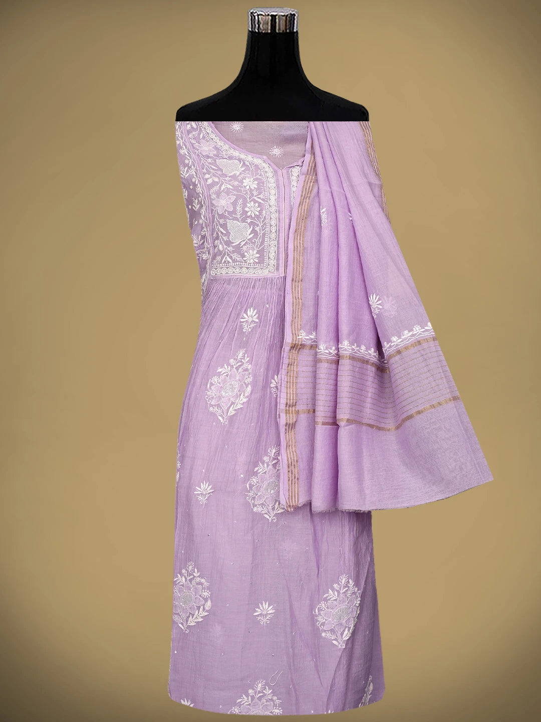 Ada Hand Embroidered Lavender Chanderi Semi-Stitched Lucknowi Chikankari A-Line Kurta Dupatta Set With Cutdana Work 01A954225