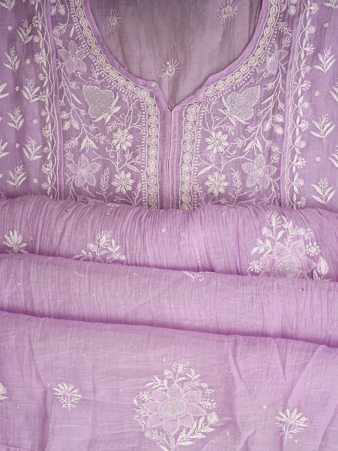 Ada Hand Embroidered Lavender Chanderi Semi-Stitched Lucknowi Chikankari A-Line Kurta Dupatta Set With Cutdana Work 01A954225