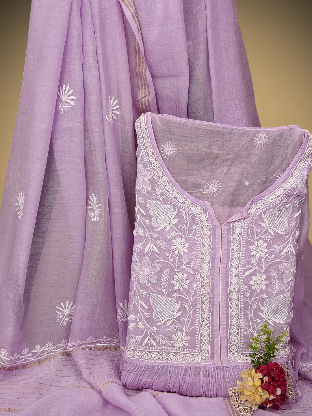 Ada Hand Embroidered Lavender Chanderi Semi-Stitched Lucknowi Chikankari A-Line Kurta Dupatta Set With Cutdana Work 01A954225
