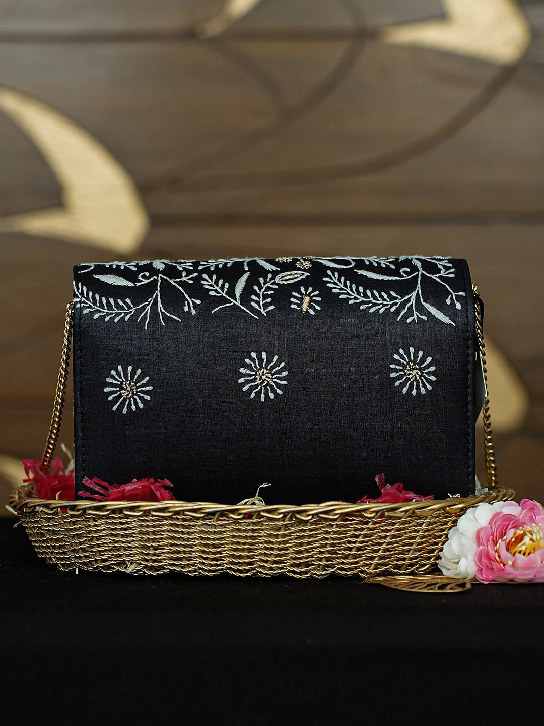 Ada Hand Embroidered Black Silk Lucknowi Chikankari Clutch With Zari Work 01A967658