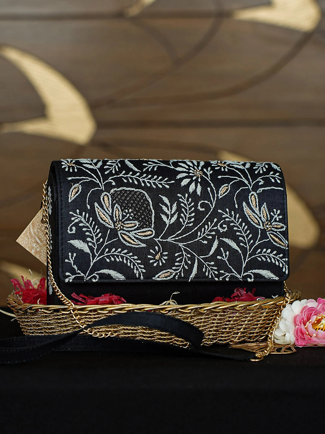 Ada Hand Embroidered Black Silk Lucknowi Chikankari Clutch With Zari Work 01A967658