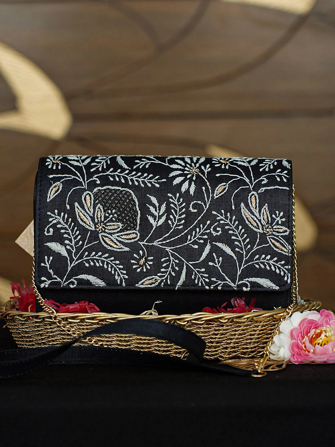 Ada Hand Embroidered Black Silk Lucknowi Chikankari Clutch With Zari Work 01A967658