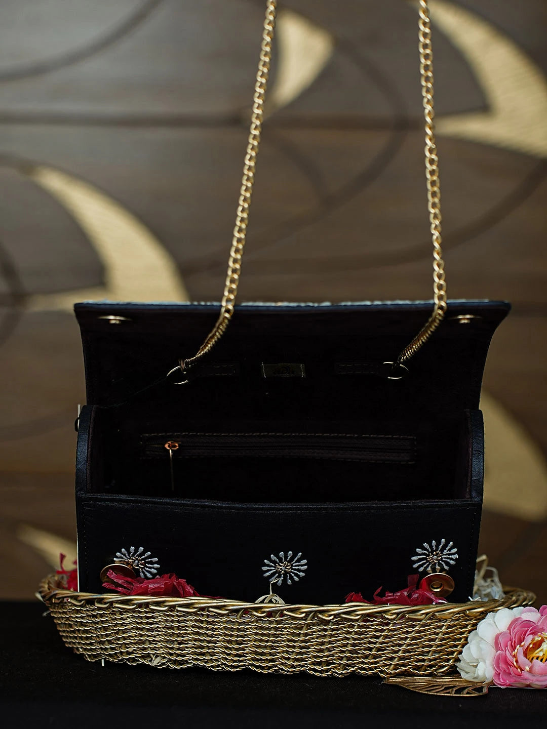 Ada Hand Embroidered Black Silk Lucknowi Chikankari Clutch With Zari Work 01A967658