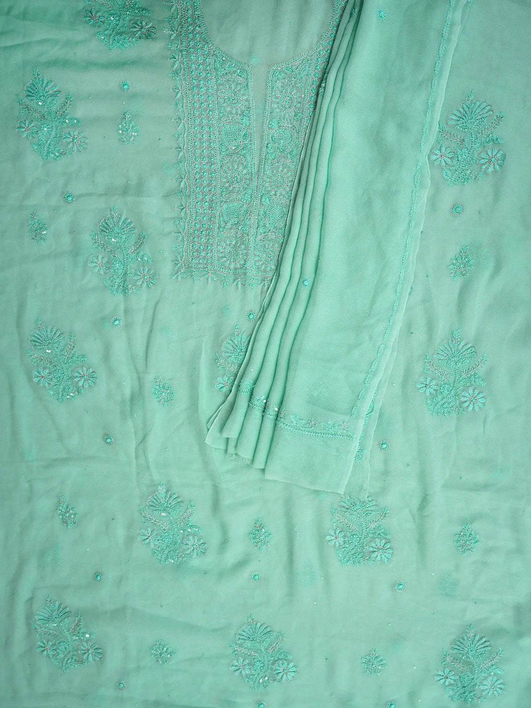 Ada Hand Embroidered Mermaid Sea Green Viscose Georgette Lucknowi Chikankari Unstitched Kurta Dupatta Set With Zari Work 01A810419