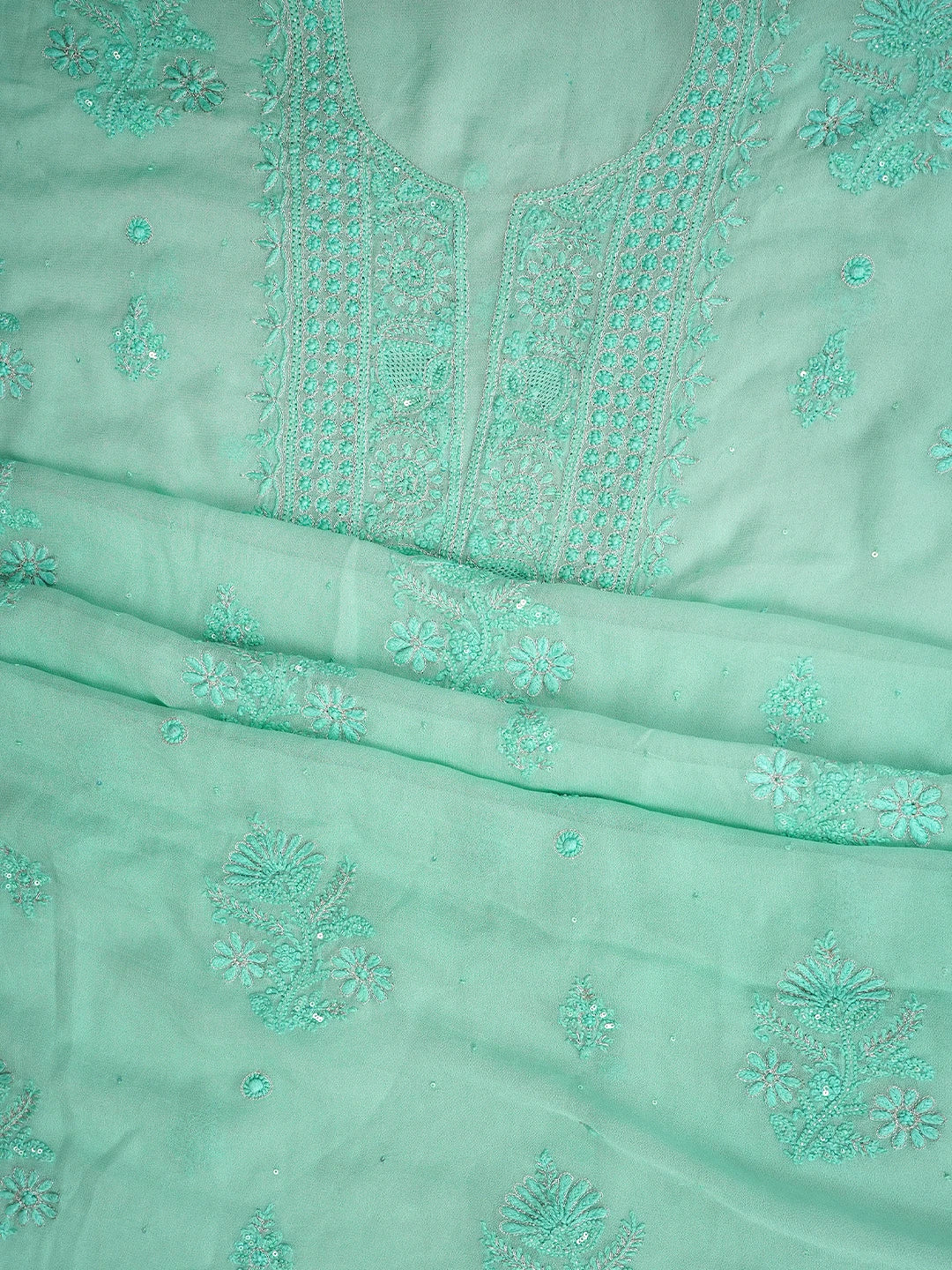 Ada Hand Embroidered Mermaid Sea Green Viscose Georgette Lucknowi Chikankari Unstitched Kurta Dupatta Set With Zari Work 01A810419