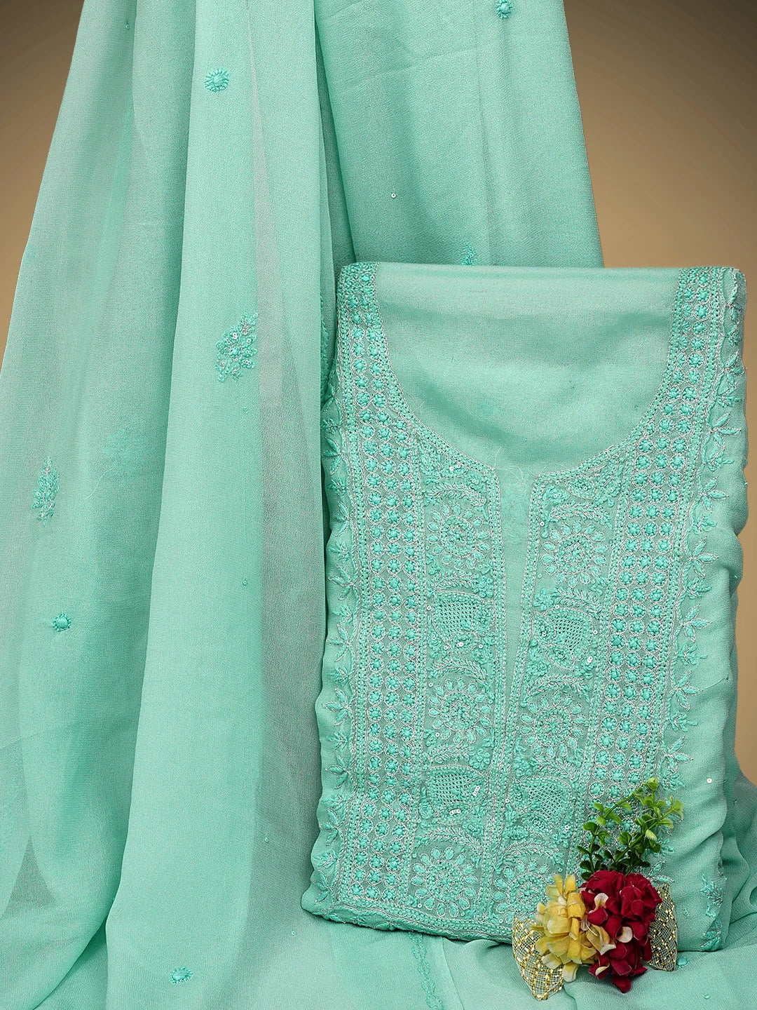 Ada Hand Embroidered Mermaid Sea Green Viscose Georgette Lucknowi Chikankari Unstitched Kurta Dupatta Set With Zari Work 01A810419
