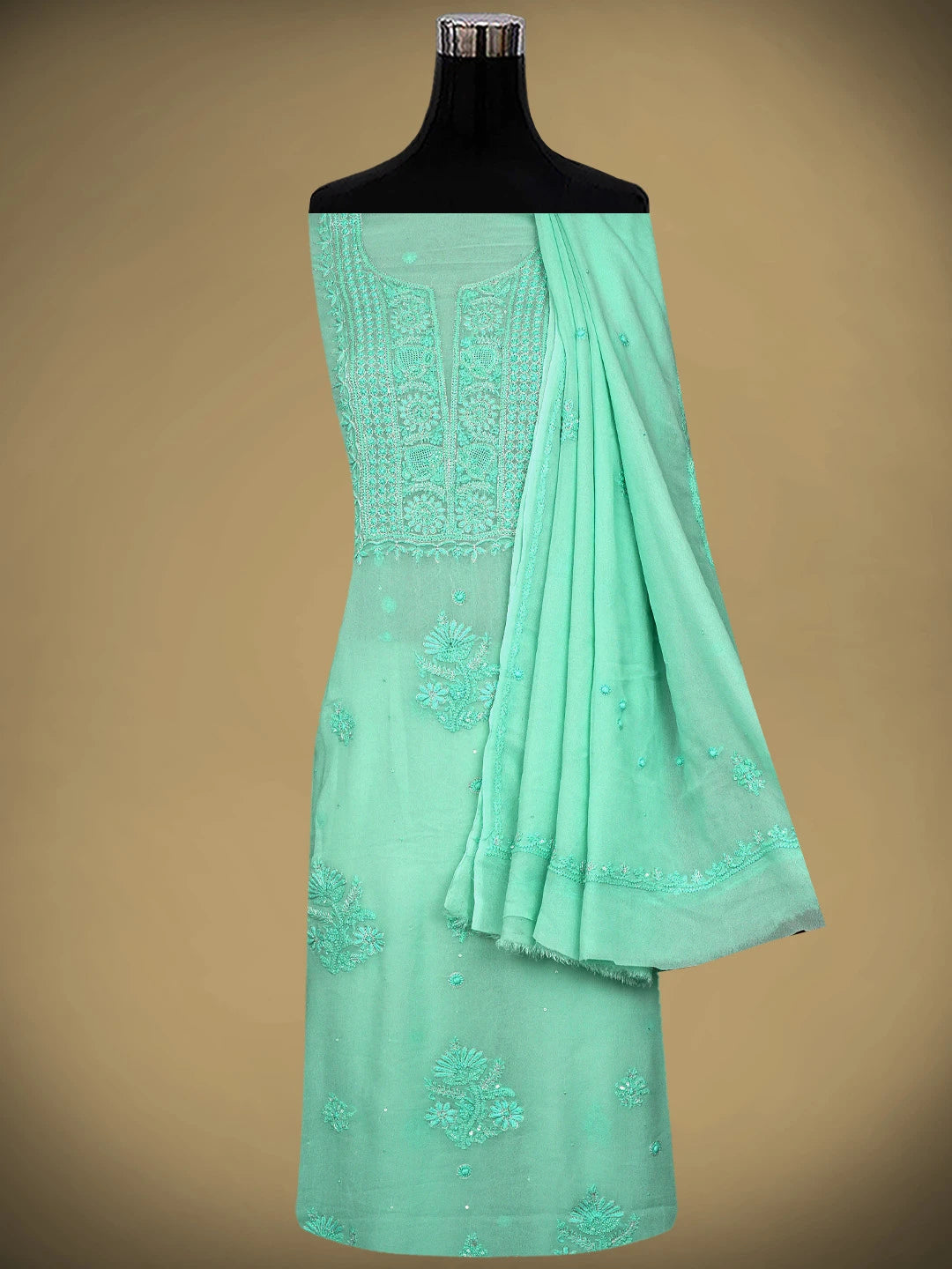 Ada Hand Embroidered Mermaid Sea Green Viscose Georgette Lucknowi Chikankari Unstitched Kurta Dupatta Set With Zari Work 01A810419