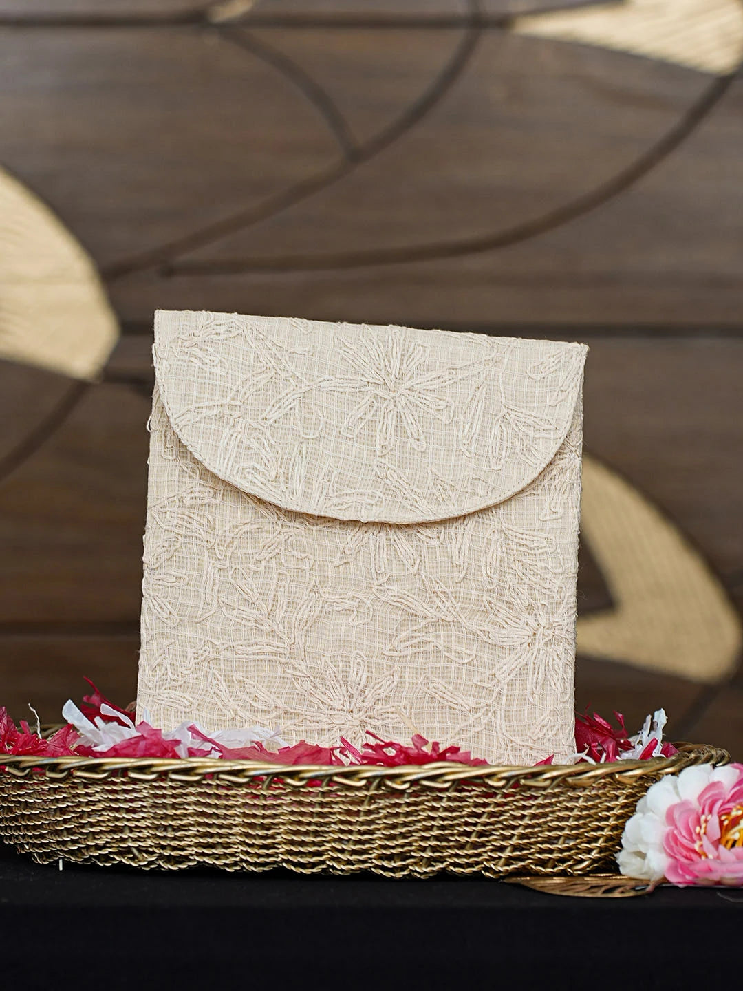 Ada Hand Embroidered Beige Kota Lucknowi Chikankari Pouch 01A923022