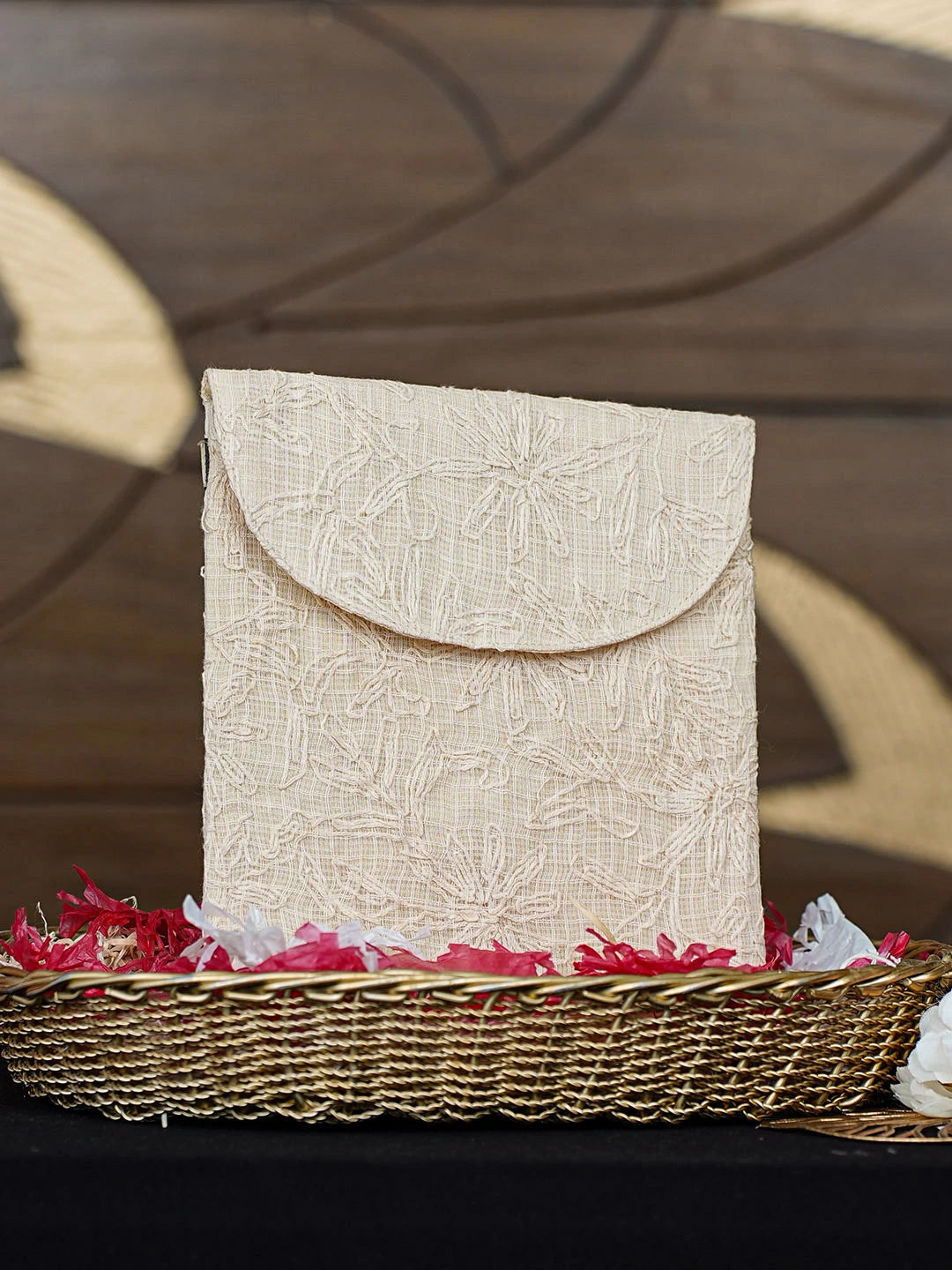 Ada Hand Embroidered Beige Kota Lucknowi Chikankari Pouch 01A923022