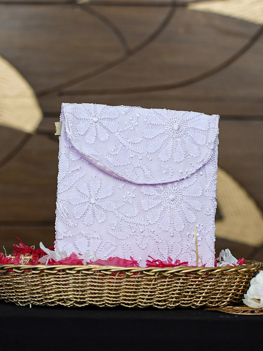Ada Hand Embroidered Mauve Viscose Georgette Lucknowi Chikankari Pouch 01A916360