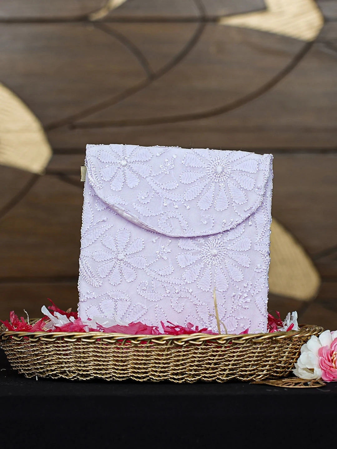 Ada Hand Embroidered Mauve Viscose Georgette Lucknowi Chikankari Pouch 01A916360