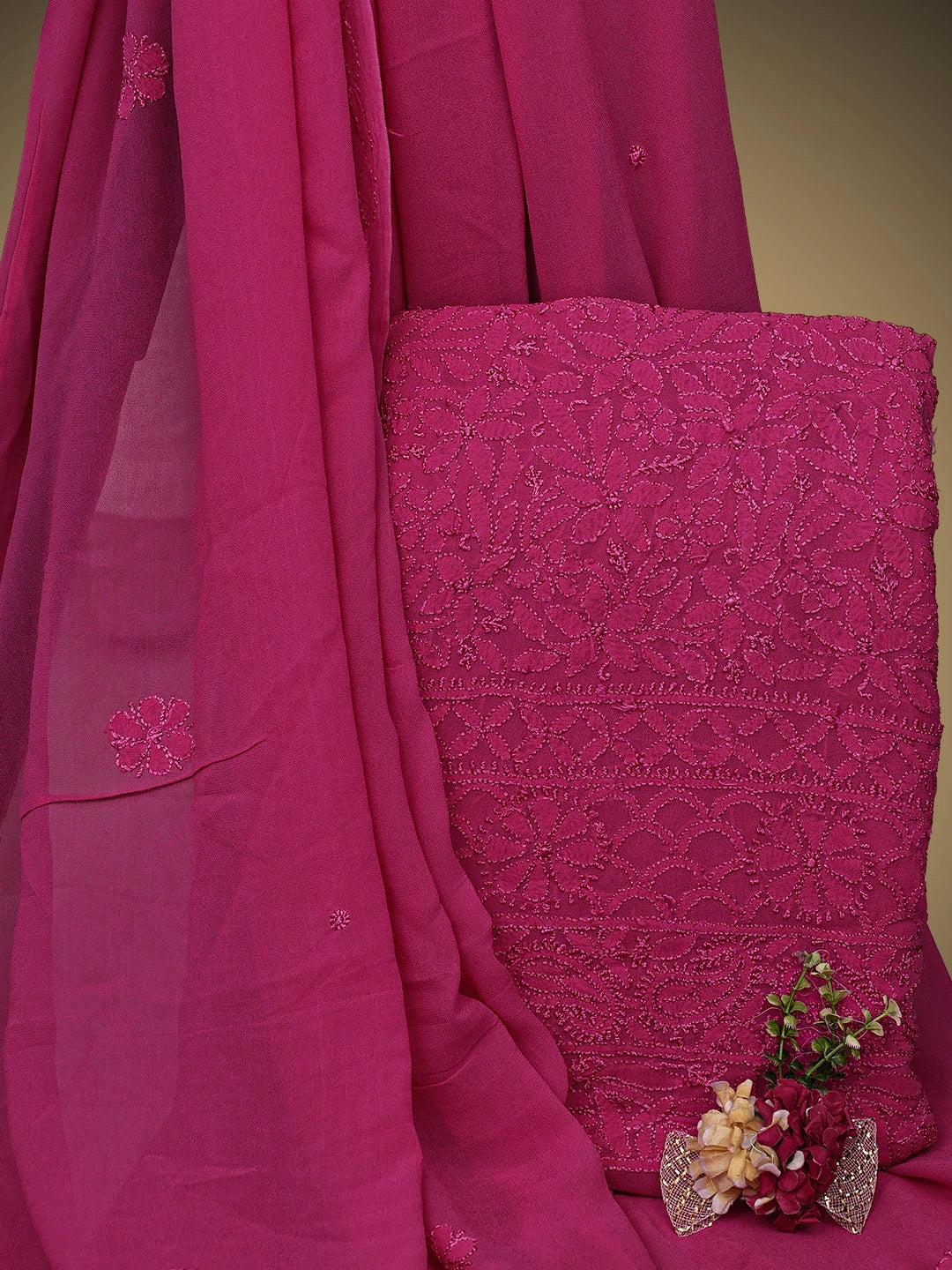 Ada Hand Embroidered Magenta Viscose Georgette Lucknowi Chikankari Unstitched Kurta Dupatta Set 01A922527