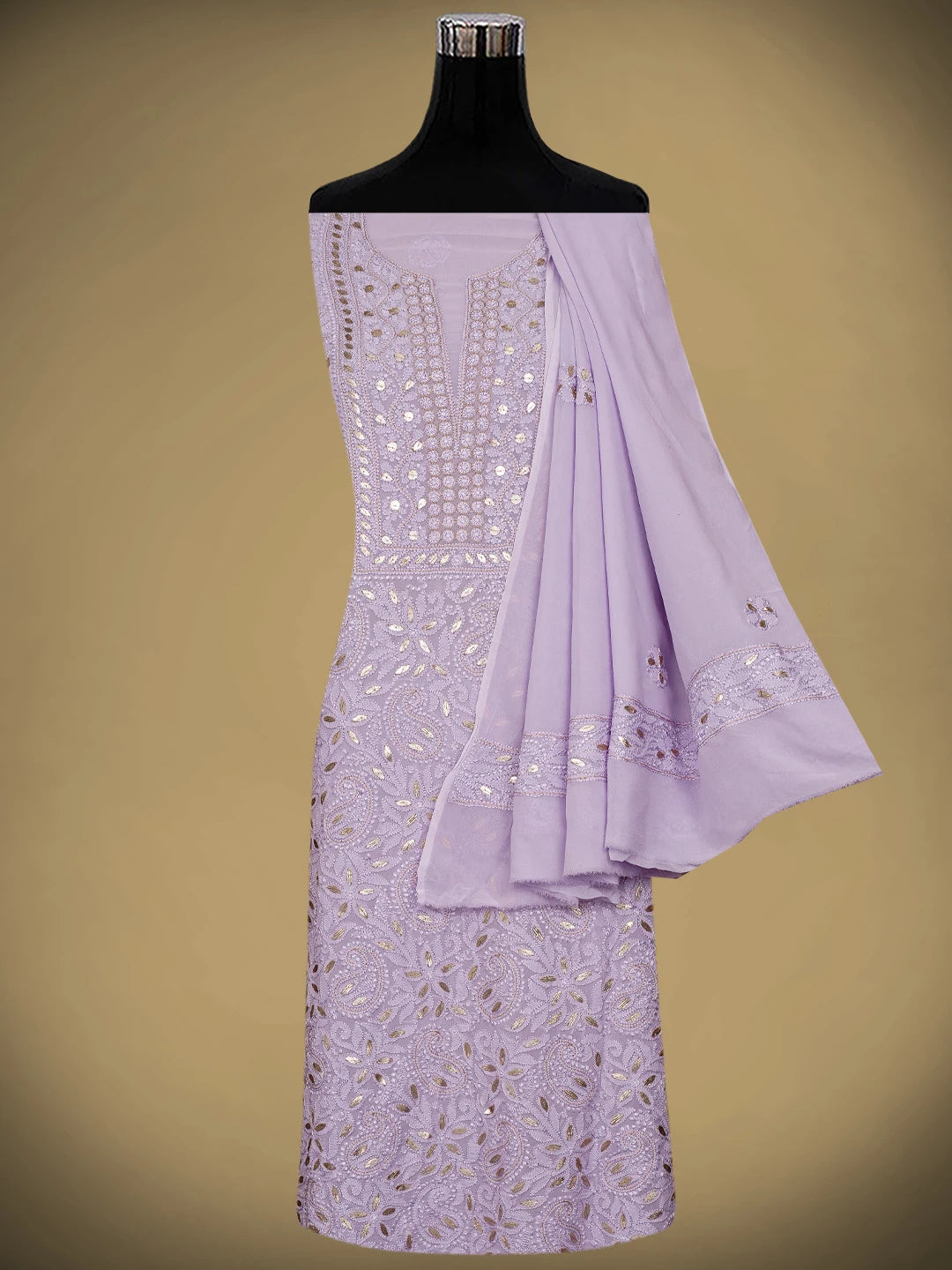 Ada Hand Embroidered Mauve Viscose Georgette Lucknowi Chikankari Unstitched Kurta Dupatta Set With Gota Patti Work 01A962478