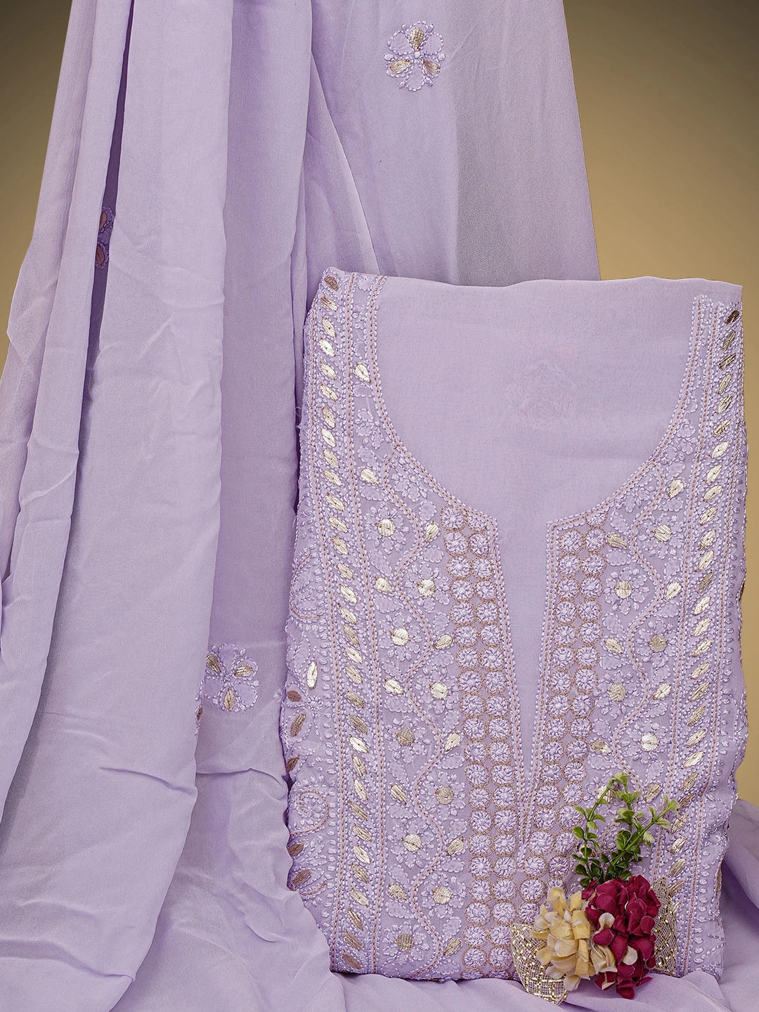 Ada Hand Embroidered Mauve Viscose Georgette Lucknowi Chikankari Unstitched Kurta Dupatta Set With Gota Patti Work 01A962478