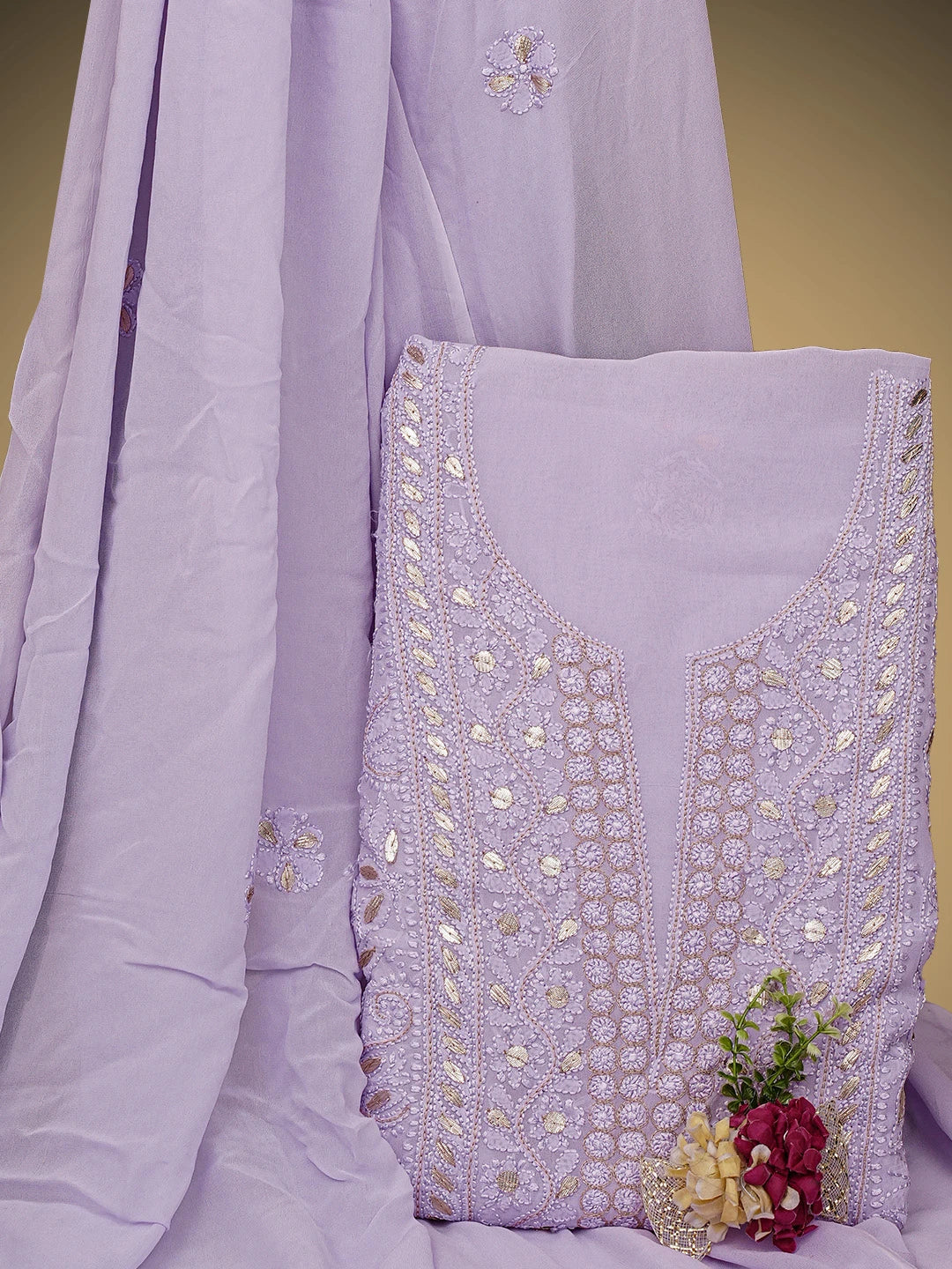 Ada Hand Embroidered Mauve Viscose Georgette Lucknowi Chikankari Unstitched Kurta Dupatta Set With Gota Patti Work 01A962478