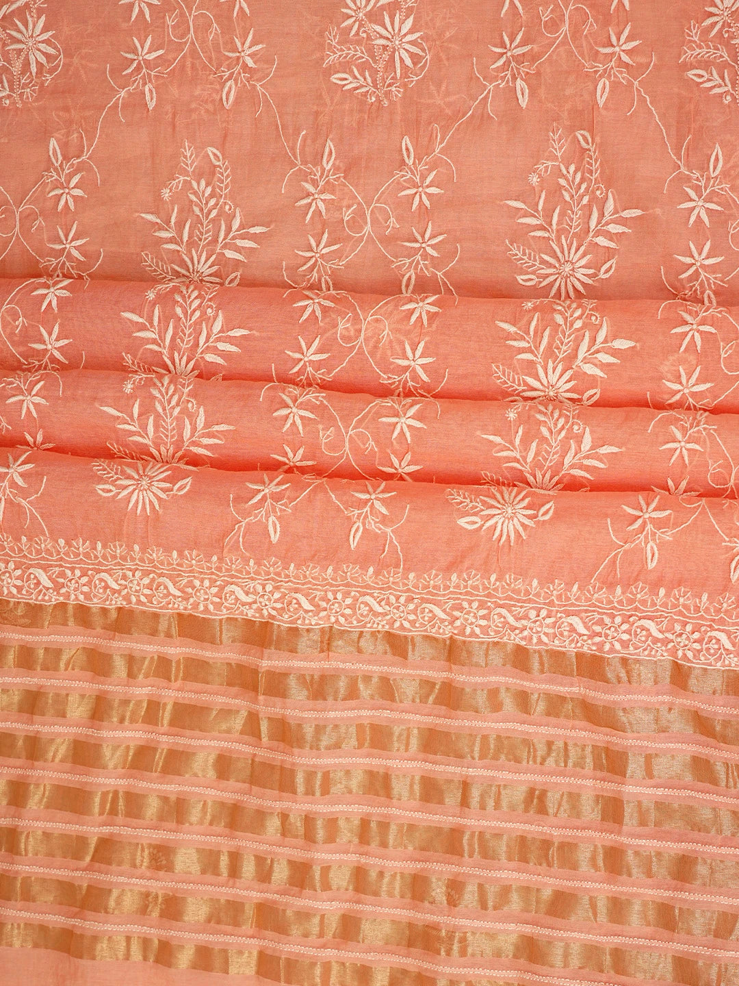 Ada Hand Embroidered Peach Chanderi Lucknowi Chikankari Unstitched Kurta Dupatta Set 01A939423