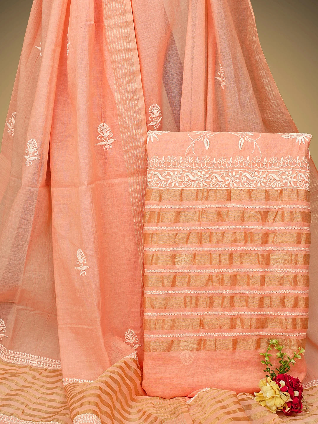 Ada Hand Embroidered Peach Chanderi Lucknowi Chikankari Unstitched Kurta Dupatta Set 01A939423