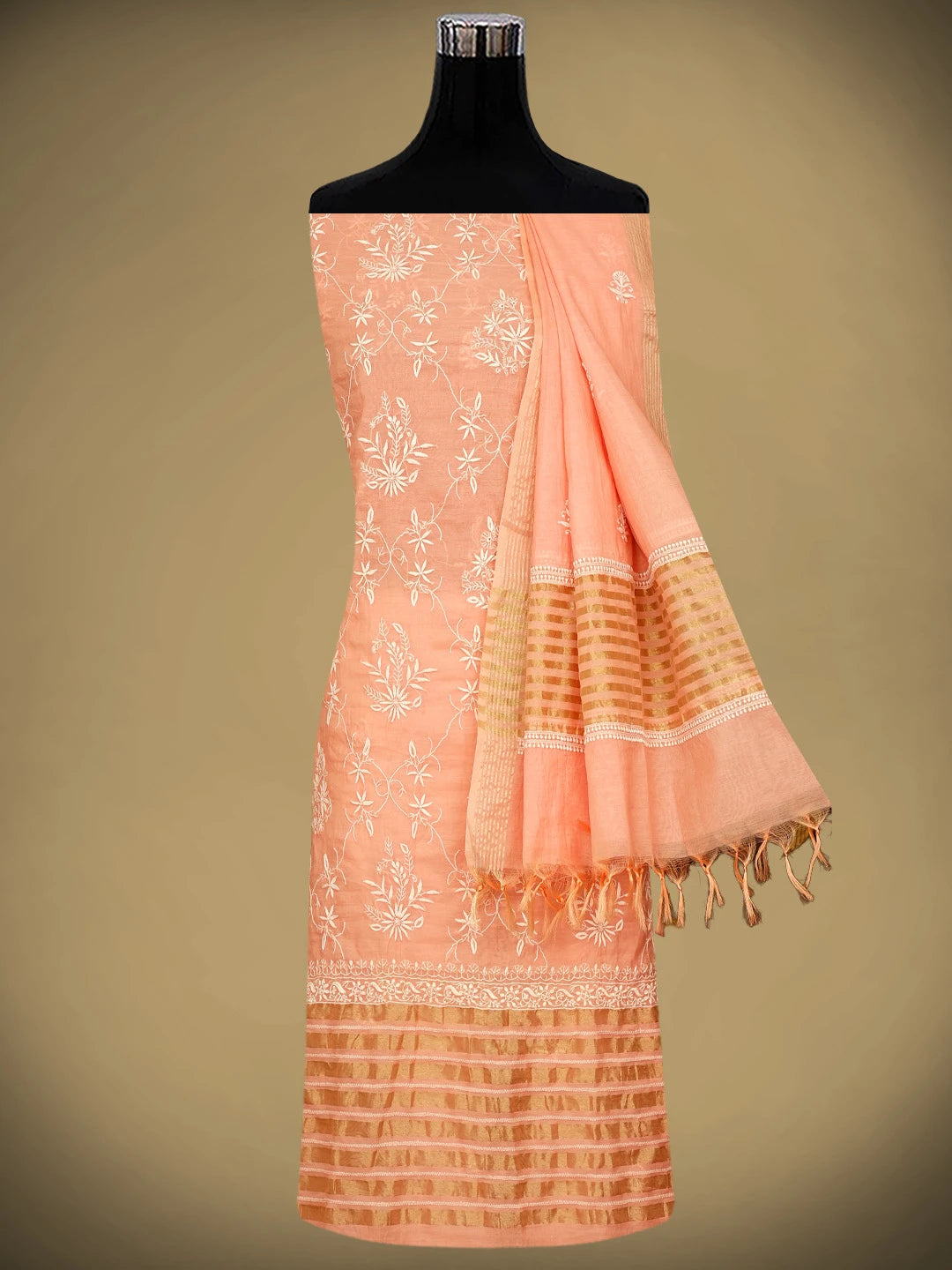 Ada Hand Embroidered Peach Chanderi Lucknowi Chikankari Unstitched Kurta Dupatta Set 01A939423