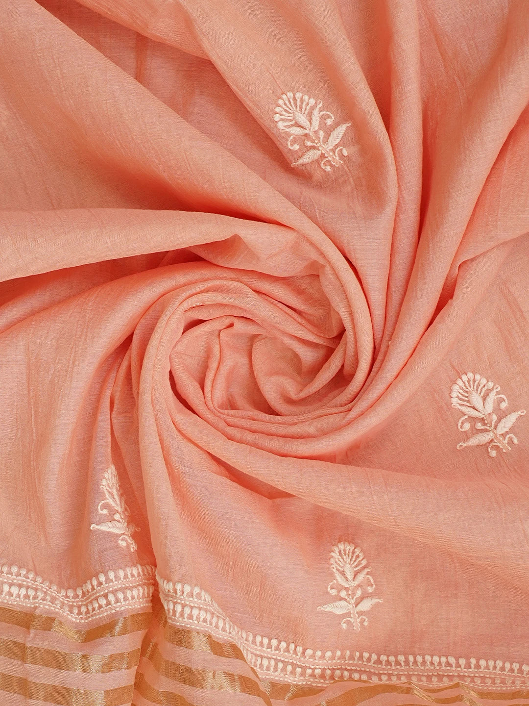 Ada Hand Embroidered Peach Chanderi Lucknowi Chikankari Unstitched Kurta Dupatta Set 01A939423