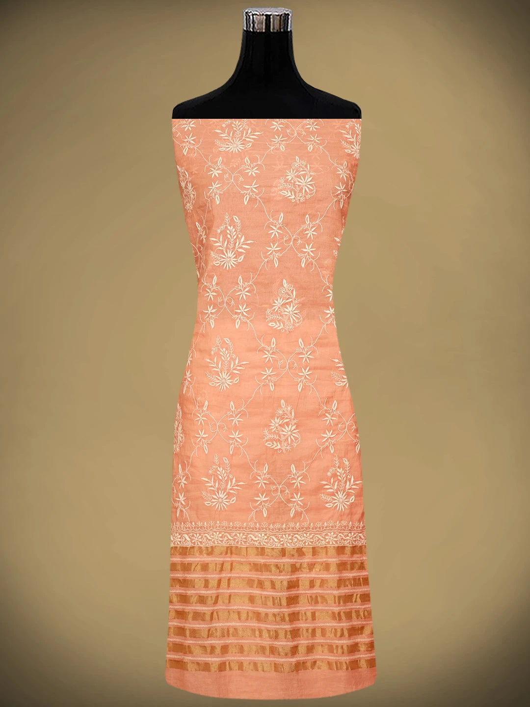 Ada Hand Embroidered Peach Chanderi Lucknowi Chikankari Unstitched Kurta Dupatta Set 01A939423