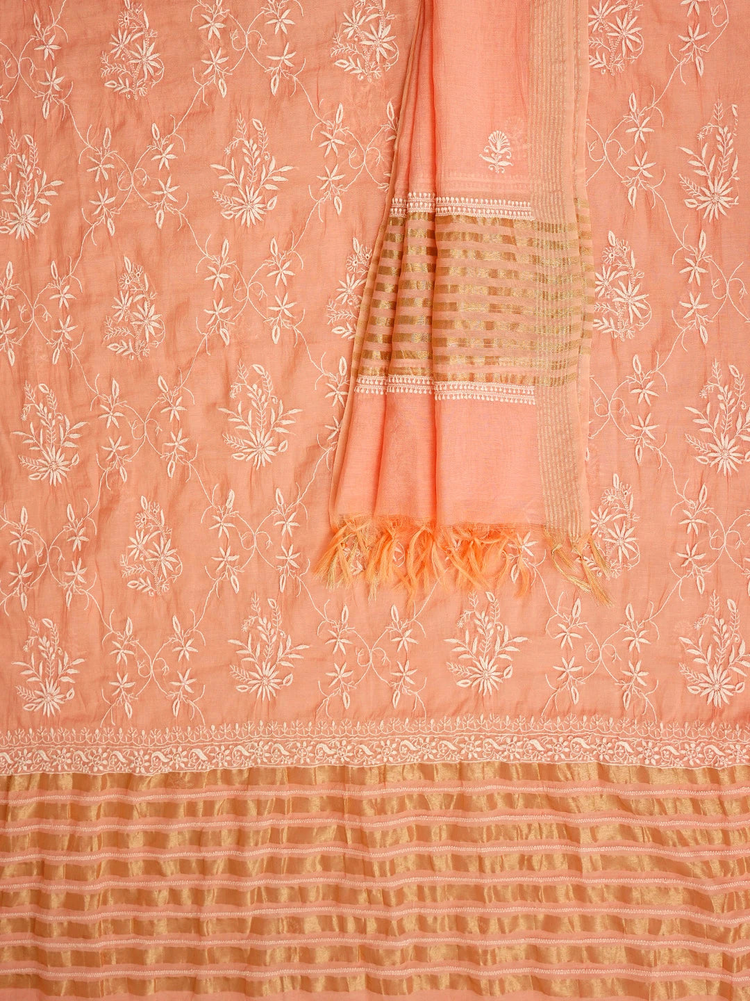 Ada Hand Embroidered Peach Chanderi Lucknowi Chikankari Unstitched Kurta Dupatta Set 01A939423