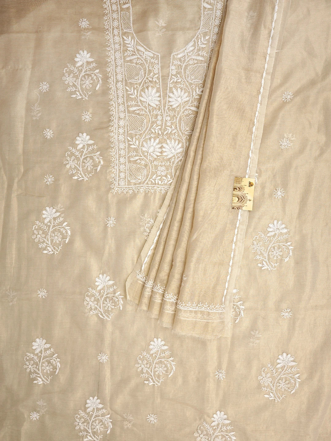 Ada Hand Embroidered Fawn Tissue Lucknowi Chikankari Unstitched Kurta Dupatta Set With Pearl Work 01A972547