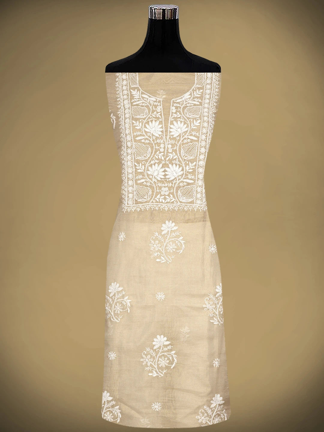 Ada Hand Embroidered Fawn Tissue Lucknowi Chikankari Unstitched Kurta Dupatta Set With Pearl Work 01A972547