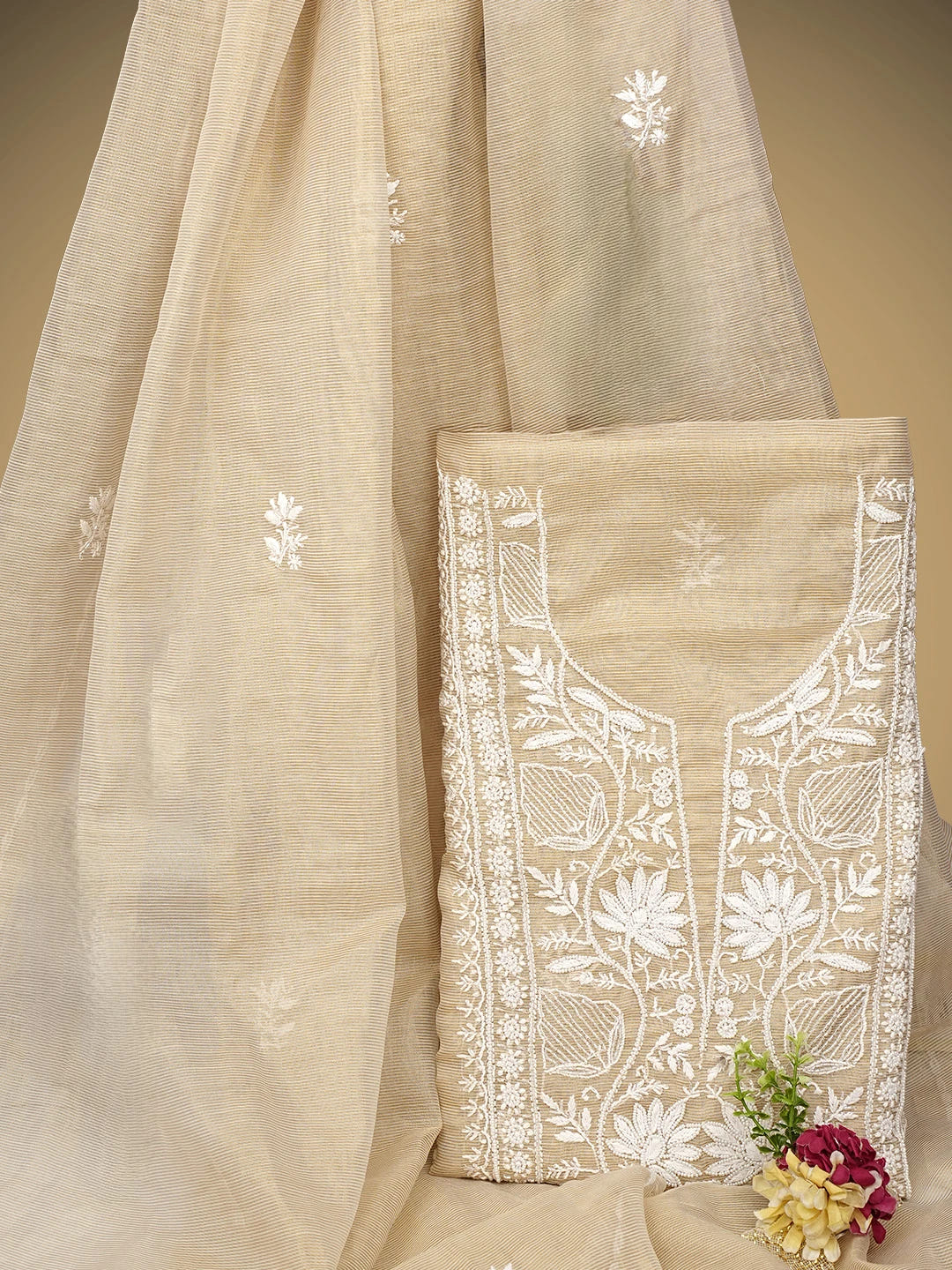 Ada Hand Embroidered Fawn Tissue Lucknowi Chikankari Unstitched Kurta Dupatta Set With Pearl Work 01A972547
