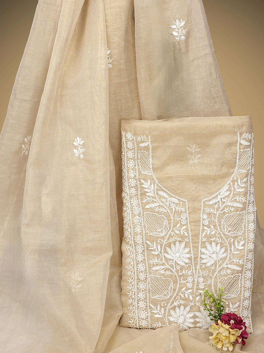Ada Hand Embroidered Fawn Tissue Lucknowi Chikankari Unstitched Kurta Dupatta Set With Pearl Work 01A972547
