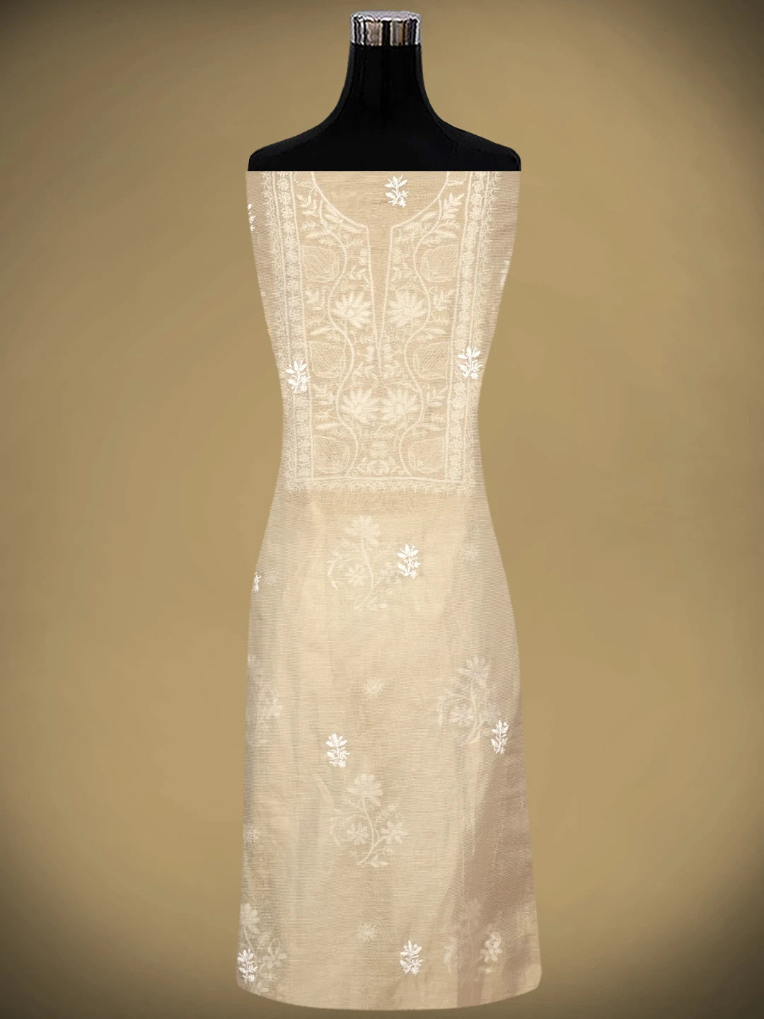 Ada Hand Embroidered Fawn Tissue Lucknowi Chikankari Unstitched Kurta Dupatta Set With Pearl Work 01A972547