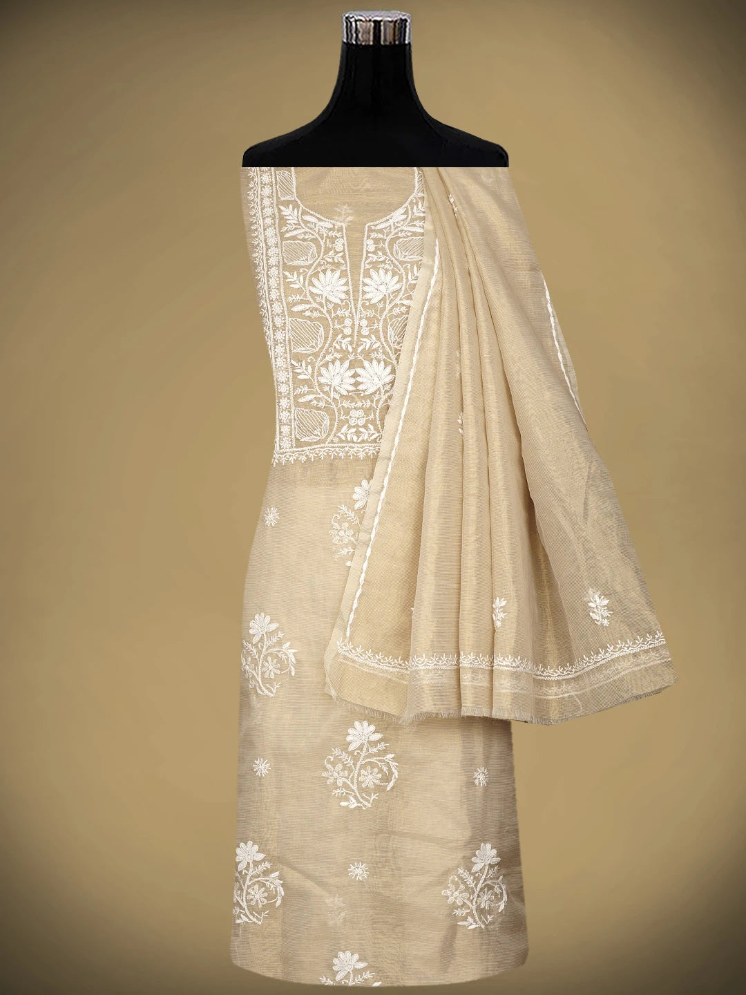 Ada Hand Embroidered Fawn Tissue Lucknowi Chikankari Unstitched Kurta Dupatta Set With Pearl Work 01A972547
