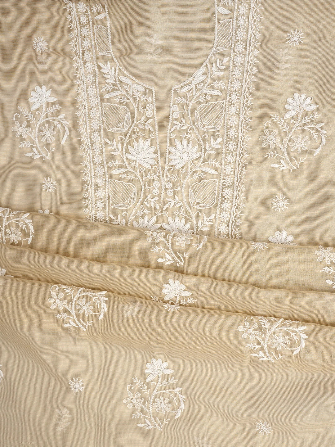 Ada Hand Embroidered Fawn Tissue Lucknowi Chikankari Unstitched Kurta Dupatta Set With Pearl Work 01A972547
