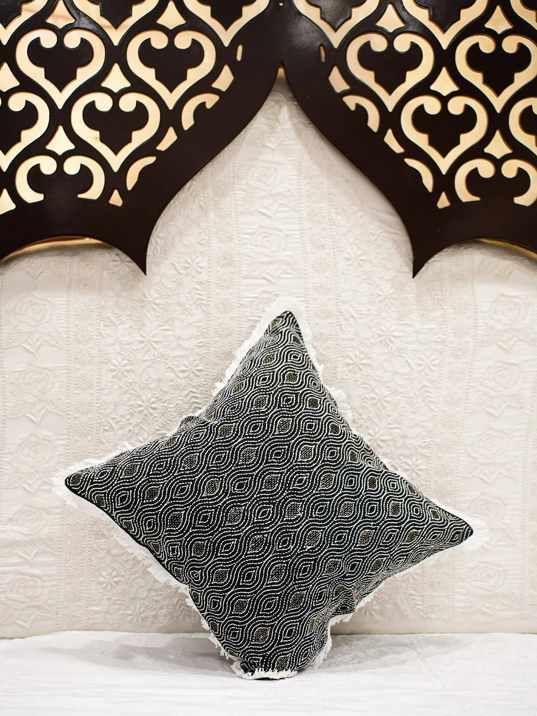 Ada Hand Embroidered Black Cotton Lucknowi Chikankari Cushion Cover With Zari Taar Work 01A572630