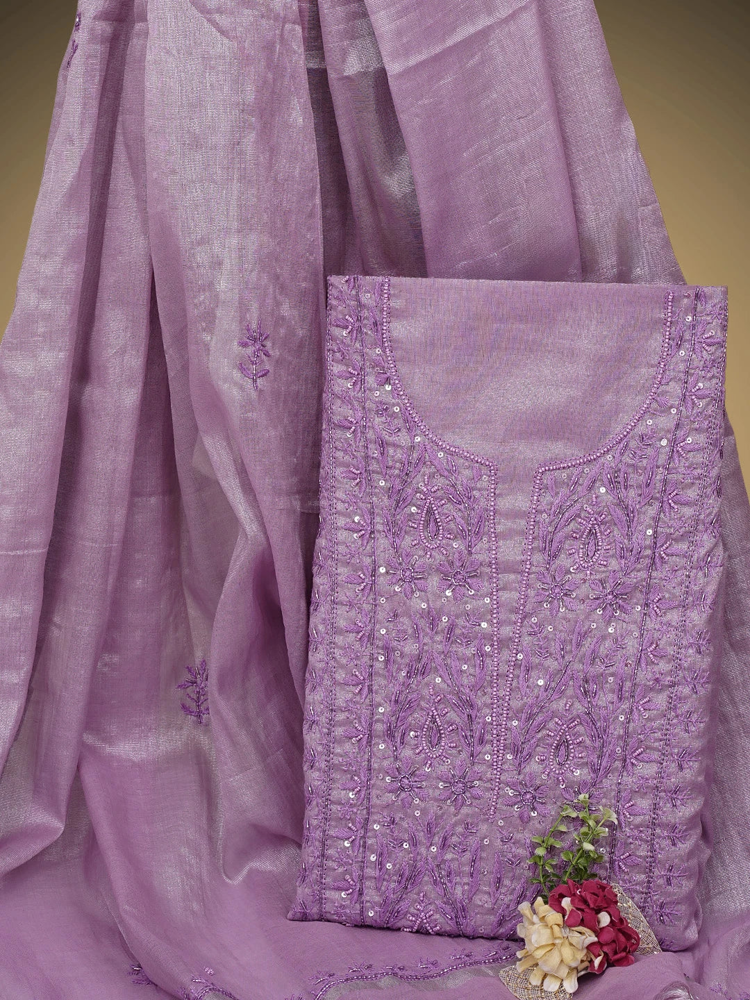 Ada Hand Embroidered Mauve Tissue Lucknowi Chikankari Unstitched Kurta Dupatta Set With Cutdana Work 01A901645