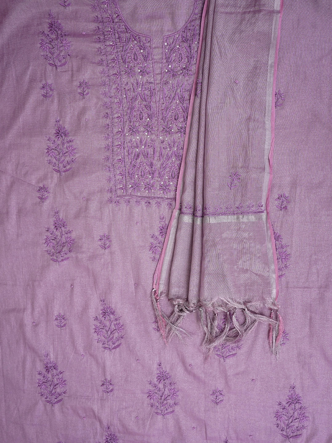 Ada Hand Embroidered Mauve Tissue Lucknowi Chikankari Unstitched Kurta Dupatta Set With Cutdana Work 01A901645