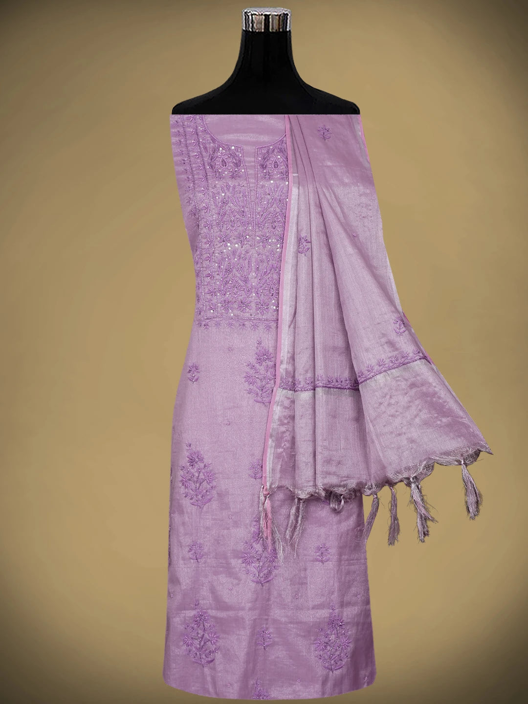 Ada Hand Embroidered Mauve Tissue Lucknowi Chikankari Unstitched Kurta Dupatta Set With Cutdana Work 01A901645