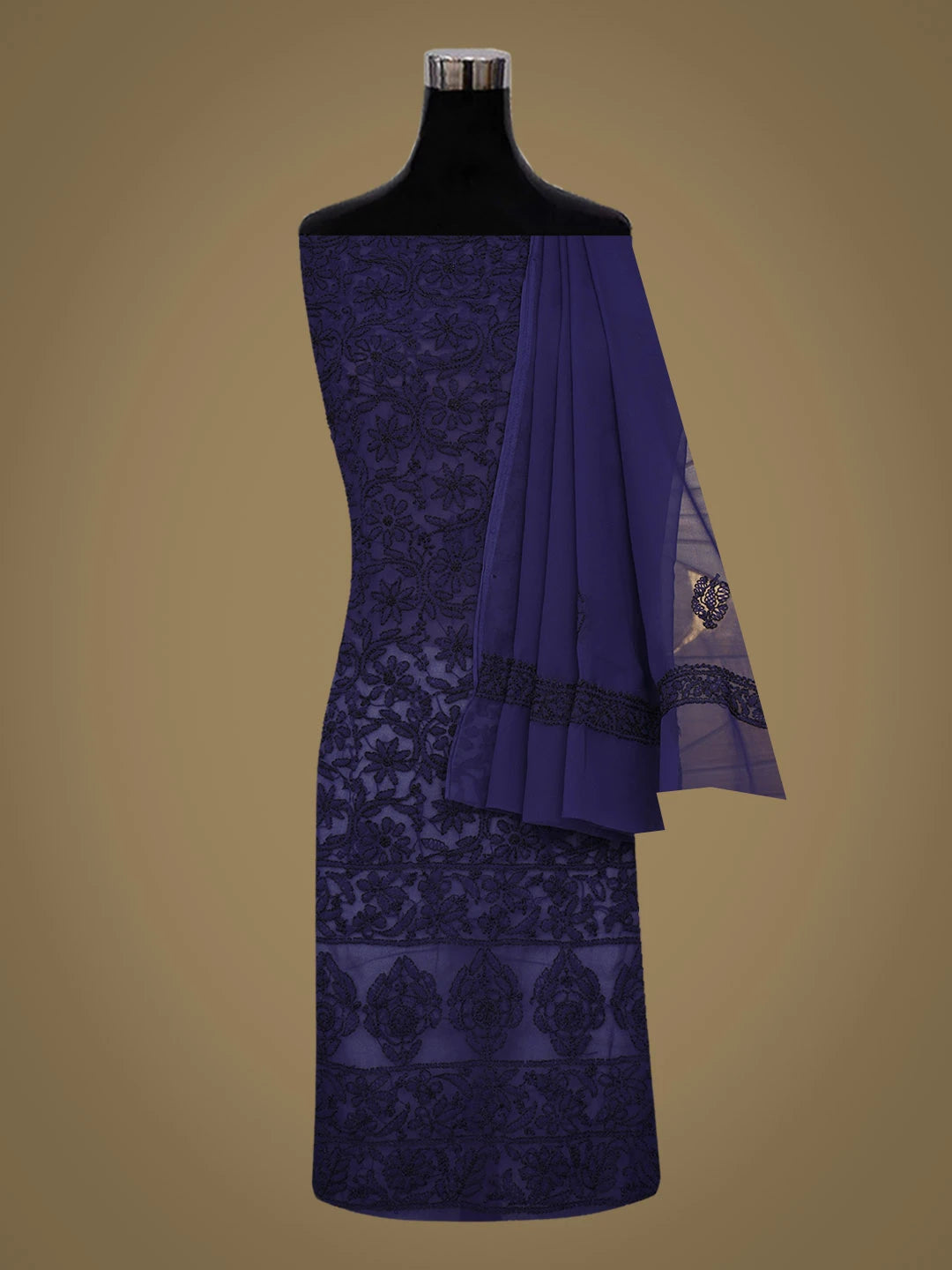 Ada Hand Embroidered Royal Blue Faux Georgette Lucknowi Chikankari Unstitched Suit Piece 01A921624