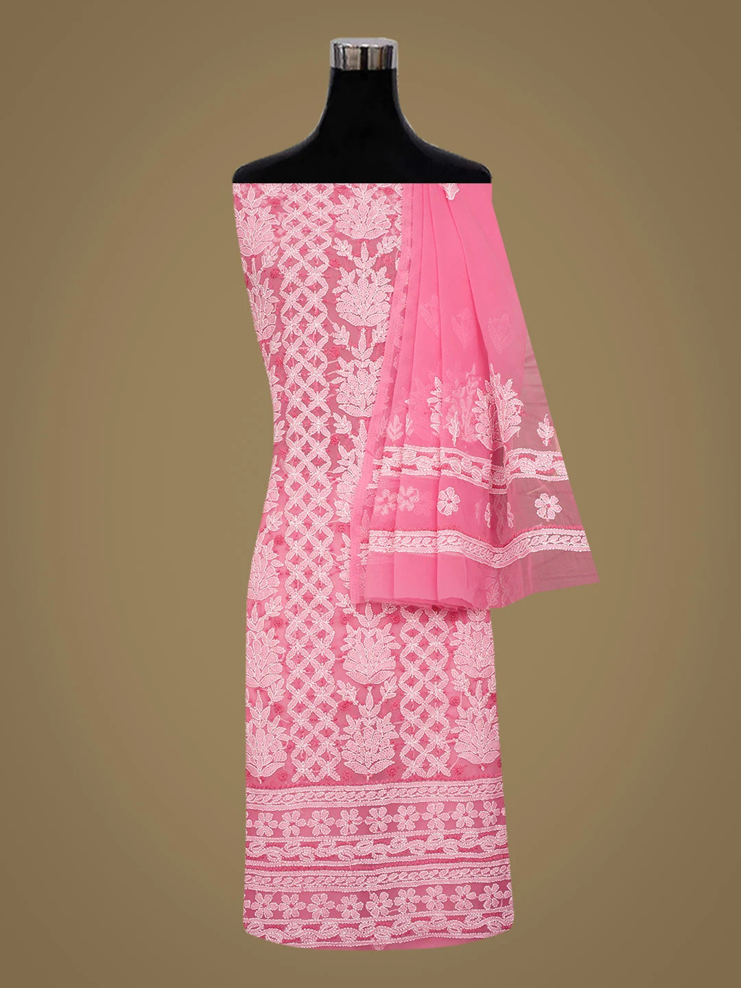 Ada Hand Embroidered Pink Faux Georgette Lucknowi Chikankari Unstitched Suit Piece 01A966551