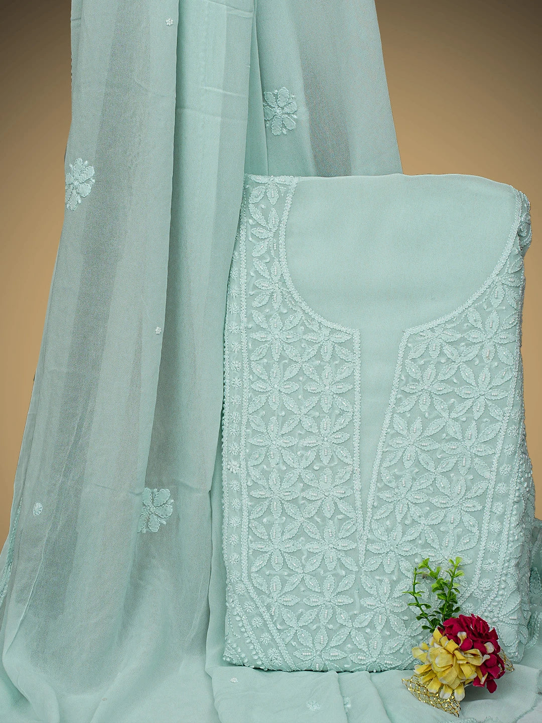 Ada Hand Embroidered Ice Blue Viscose Georgette Lucknowi Chikankari Unstitched Kurta Dupatta Set With Cutdana Work 01A962564