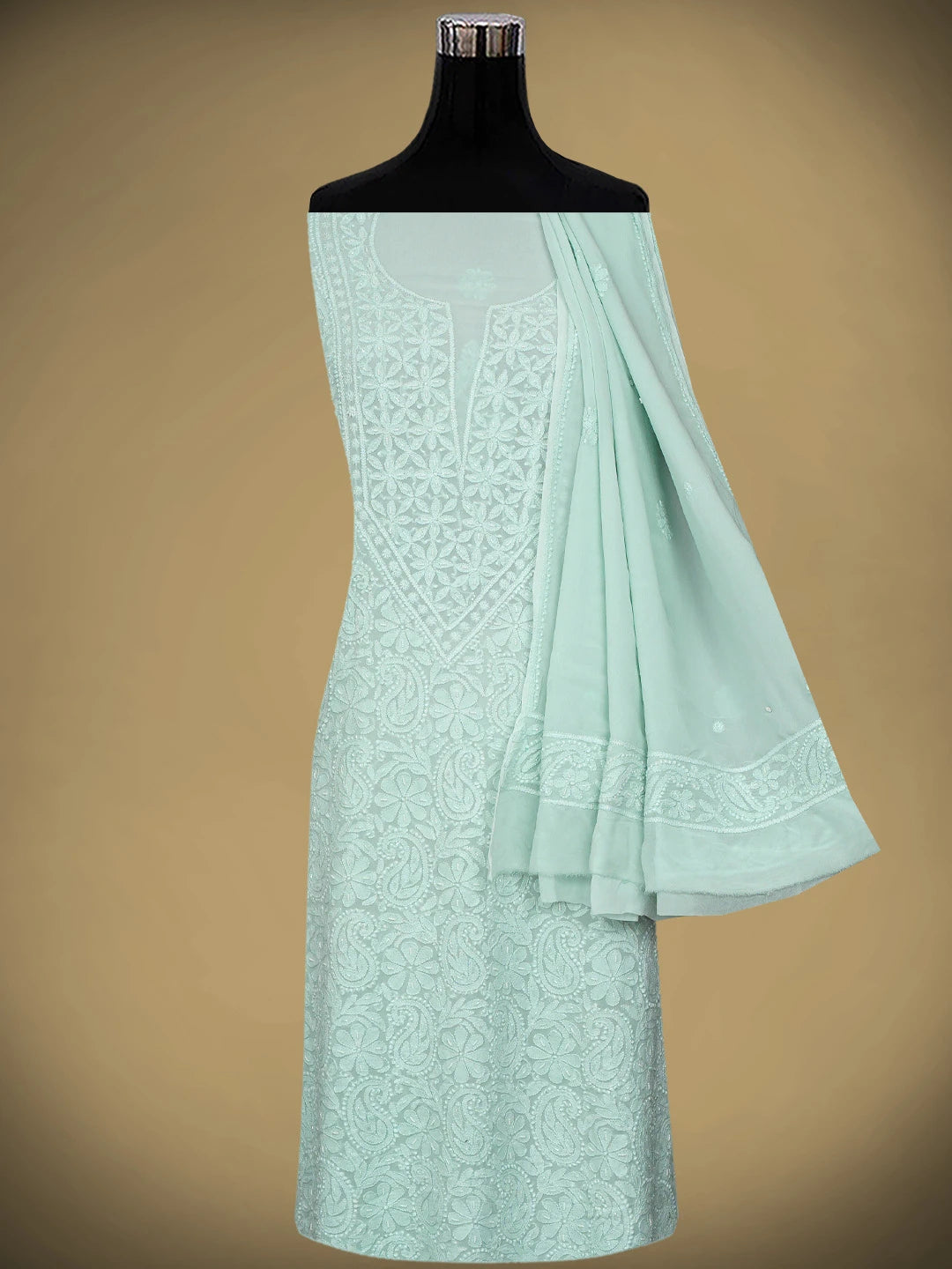 Ada Hand Embroidered Ice Blue Viscose Georgette Lucknowi Chikankari Unstitched Kurta Dupatta Set With Cutdana Work 01A962564