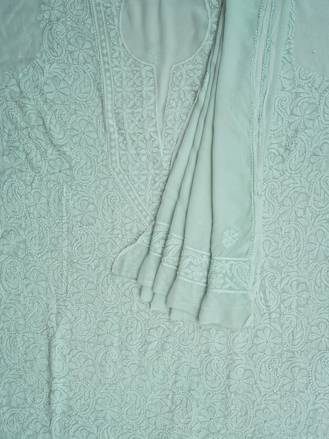 Ada Hand Embroidered Ice Blue Viscose Georgette Lucknowi Chikankari Unstitched Kurta Dupatta Set With Cutdana Work 01A962564