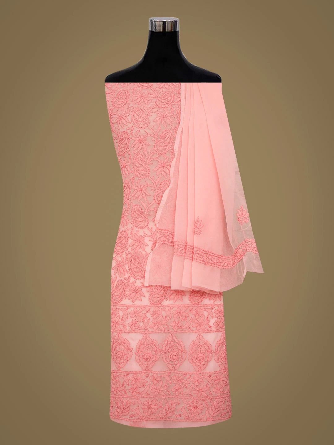 Ada Hand Embroidered Carrot Pink Faux Georgette Lucknowi Chikankari Unstitched Suit Piece 01A921620